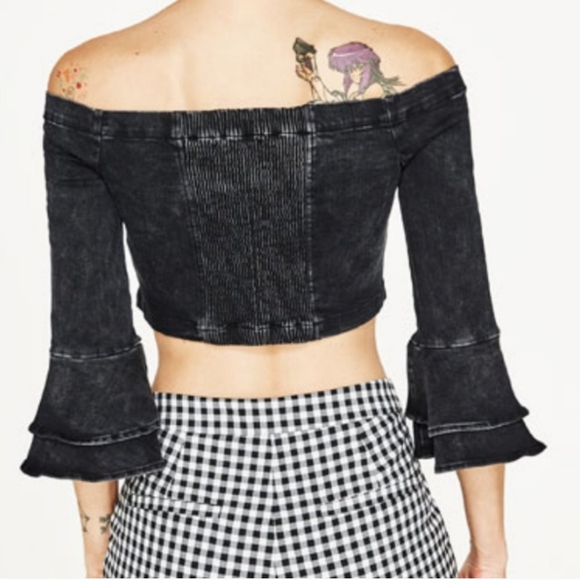 HP🎉NWT Zara woman premium denim black denim crop with bell sleeves - Picture 8 of 11